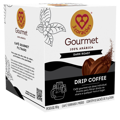 Café Drip Coffee Dark Roast Gourmet 10 Unidades de 11g 3 Corações