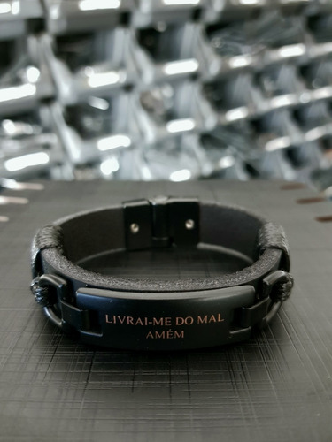 Pulseira Masculina Couro Legítimo  Livra-me Do Mal  Imã 