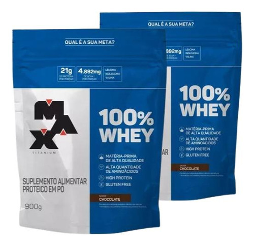 Kit 2 Suplemento Em Pó Max Titanium 100% Whey Sachê 900g Sabor Chocolate