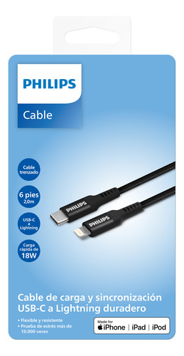 Cable Usb Philips Trenzado Tipo C A Lightning 2 Metros 18w