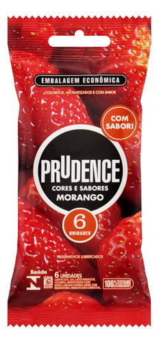 Preservativo Masculino Lubrificado Morango Prudence Cores e Sabores Pacote 6 Unidades Embalagem Econômica