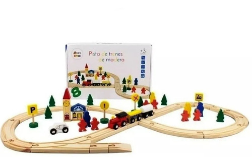 Pista De Trenes De Madera Cubeta Juguete Didactico 48 Piezas