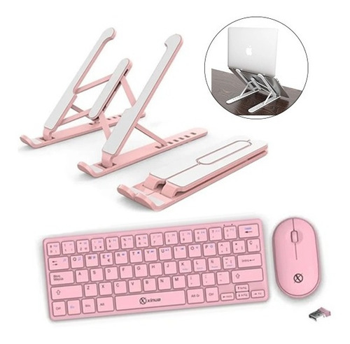 Combo Xinua Rosa Teclado Mouse Inalambrico + Soporte Laptop