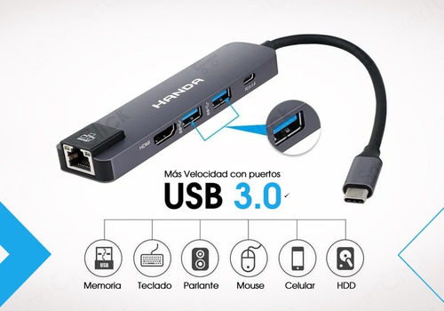 Imagen 4 de 10 de Adaptador Usb C Macbook Pro Air Hub Hdmi 4k Lan Rj45 5 En 1