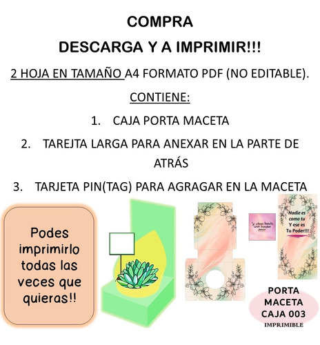 Imagen 3 de 3 de Imprimible Caja Porta Maceta 003 Frase Con Frase Positiva