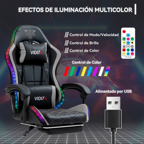 Silla Gamer Rgb Reclinable Con Masajeasdor Reposapiés Gris