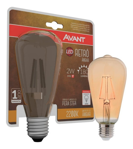 Lâmpada Led Filamento Retrô St64 E27 2w Qualidade Avant Luz Âmbar 110V/220V