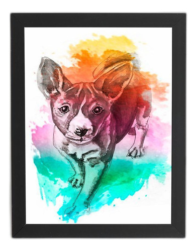 Vira Lata Cachorro Aquarela Quadro Moldura Preta 60x40cm