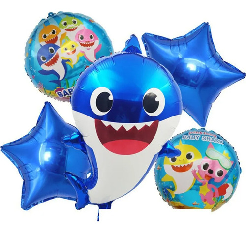 Set 5 Globos Metalizados Infantil Cotillón Color Baby Shark