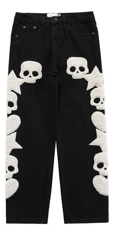 Pantalones Cargo Rectos Con Bordado De Calavera De Bolsillo