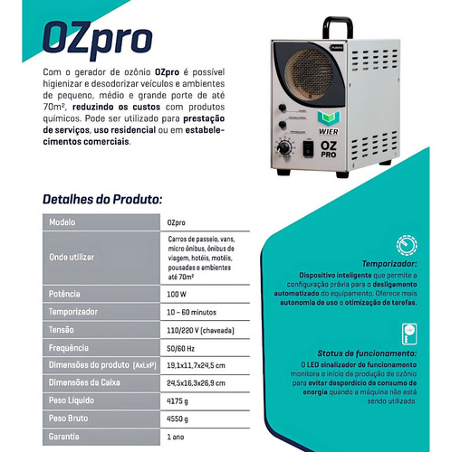 Gerador De Ozônio Ozpro Wier Para Higienização Profissional