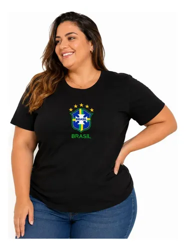 Camiseta Feminina Brasil Preta Plus Tshirt Viscolycra 44ao48