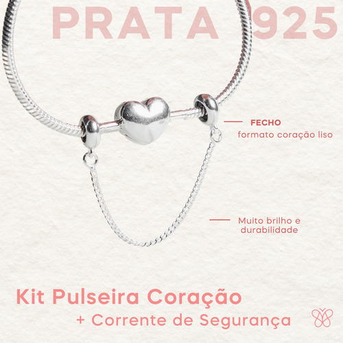 Kit Pulseira De Berloque Coração + Trava Segurança Prata 925