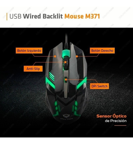Imagen 3 de 10 de Mouse Gamer Retroiluminado 1600dpi Meetion Mt-m371 Premium
