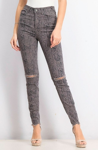 Jeans Dama Vaquero Tiro Alto Rewash Animal Print Gris 