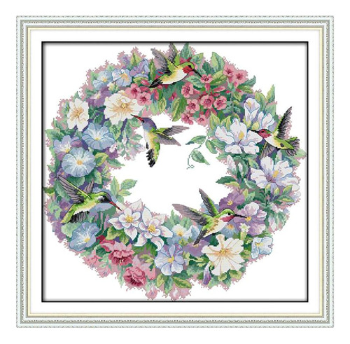 Kit De Estampado Cuadros Colibríes Flores 14ct 51x50cm