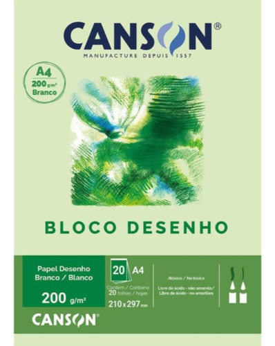 Bloco Papel Canson Desenho 200 Branco 200g A4 20 Folhas