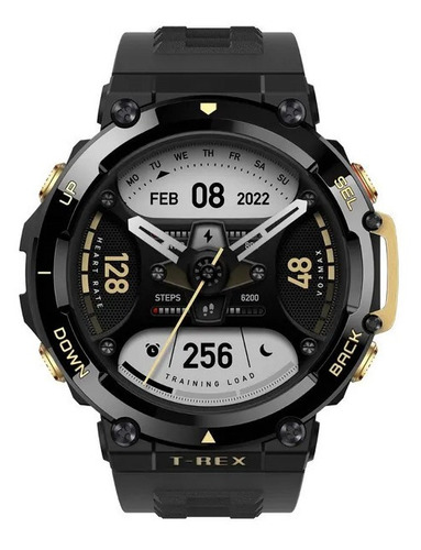 Smartwatch Amazfit T-Rex 2 1.39" caja de aleación de polímero astro black/gold, malla astro black/gold de silicona y bisel astro black y gold