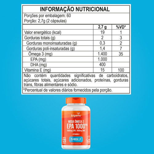 Mega Omega 3 Meg-3® - Epa 1000 mg + DHA 400 mg - 120 cápsulas | Bigens
