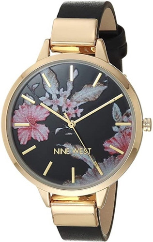 Reloj Mujer Nine West Cristal Mineral 38 Mm Nw/2044flbk Color de la correa Negro Color del bisel Dorado Color del fondo Negro/Flores