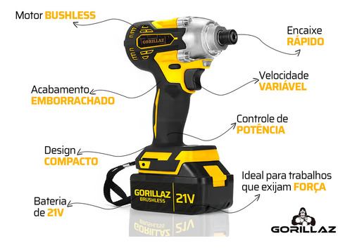 Kit Parafusadeira Furadeira De Impacto Sem Fio 21v Com Chave De Impacto 21v 2 Baterias Maleta Gorillaz