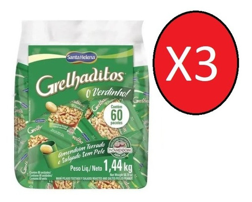 Kit 3 Pct Amendoim Grelhaditos Santa Helena 60x24g - 1,440kg