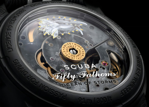 Reloj Swatch Blancpain Scuba Fifty Fathoms, correa negra Ocean Storms, bisel negro, fondo negro