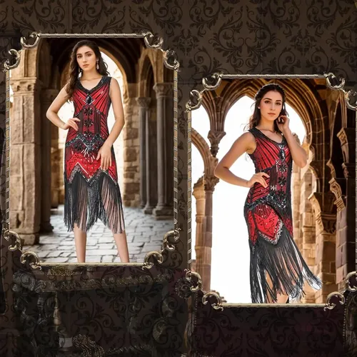 Vestido De Los Años 20 Con Lentejuelas Para Mujer – Set Completo Con Diadema, Collar, Pendientes, Guantes, Abanico Y Más – Estilo Gatsby Charleston