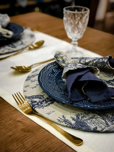 Kit Mesa Posta Jantar 8 Lugares Toile De Jouy Azul Em Linho