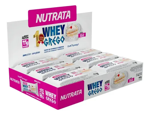 Whey Grego Bar (caixa 12 Unidades) - Nutrata Barra Proteina Sabor Bolo de festa