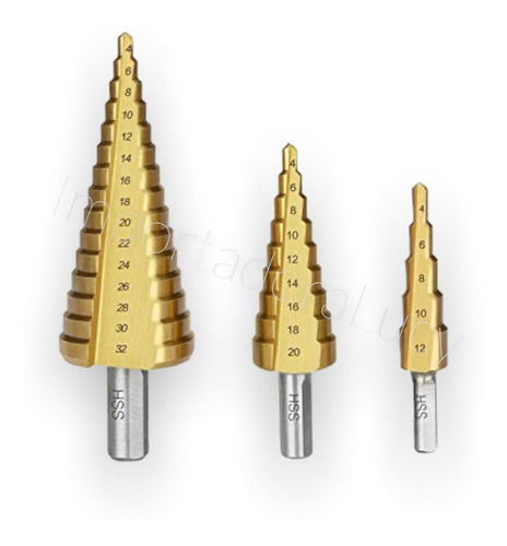 Imagen 3 de 3 de Set 3 Broca Pino Cónica Escalonada 4 A 32 Mm Taladro ,mesa