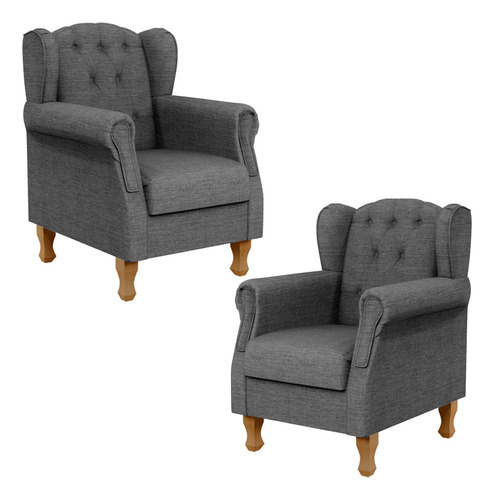 Kit 02 Poltronas Decorativas Para Sala de Estar Yara P02 Linho Cinza Escuro