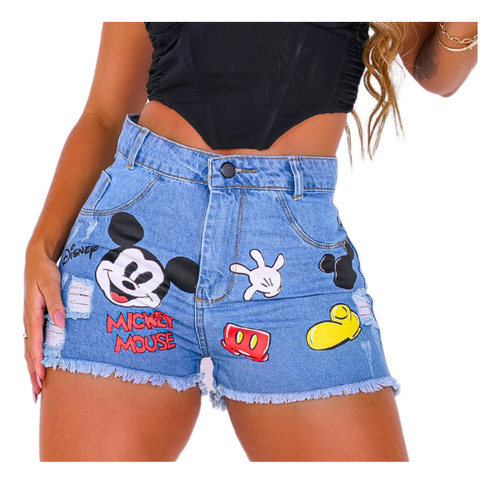 Short Feminino Mickey  Silkado Barra Desfiada Claro Rasgado