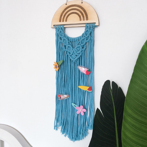 Macrame Hair Bow Holder Hecho A Mano Colgando Pinzas Azul