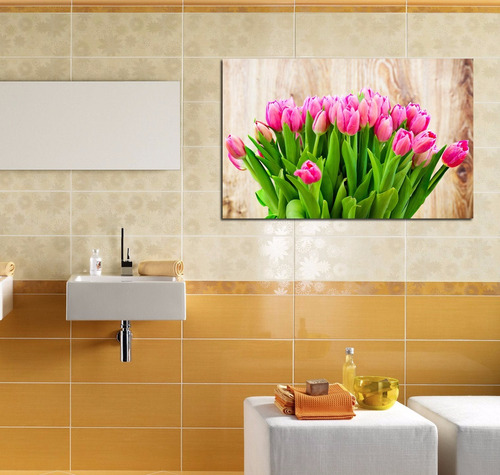 Cuadro Canvas Tulipanes Rosas Life Ramo Madera Vida Baño