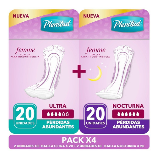 Toallas Incontinencia Plenitud Femme 2 Ultra + 2 Nocturna