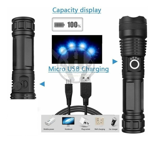 Imagen 1 de 4 de Linterna Tactica P50 Recargable Usb Zoom Potente Premium
