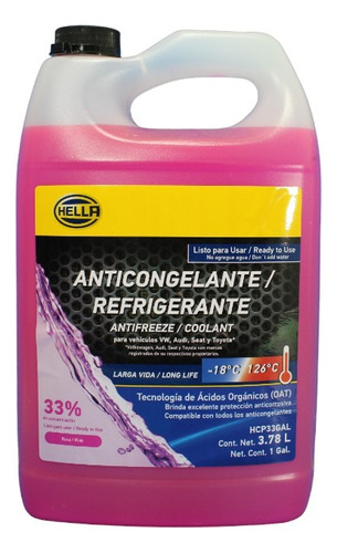 Anticongelante  Refrigerante Rosa Hella Galon Premezcla 33%