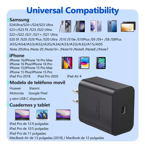 Cargadores Rápidos De 45w Para iPhone 15 16 E Samsung S21 S22 S23 S24 Cable 2mnegro
