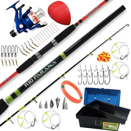 Kit Pesca Reel + Accesorios Caja Río Variada + Caña 2 Tramos Completo  Lineas Boya Plomadas Rotores Mosquetones