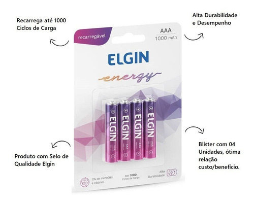 Imagem 2 de 7 de 04 Pilha Palito Recarregavel Aaa 1000mah Blister C/4 Elgin