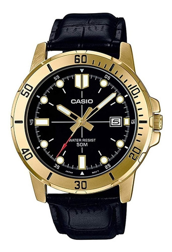 Imagen 1 de 3 de Reloj de pulsera Casio Dress MTP-VD01 de cuerpo color dorado, analógico, para hombre, fondo negro, con correa de cuero color negro, agujas color dorado, blanco y rojo, dial blanco y dorado, minutero/segundero blanco y gris, bisel color dorado y hebilla simple