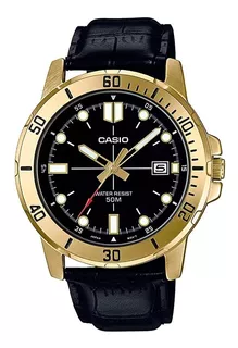 Reloj pulsera Casio Dress MTP-VD01D-1BVUDF de cuerpo color dorado, analógico, para hombre, fondo negro, con correa de cuero color negro, agujas color dorado, blanco y rojo, dial blanco y dorado, minut