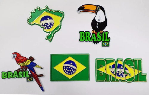 Kit 5 Imãs Geladeira Brasil Bandeiras Mapa Pássaros Souvenir
