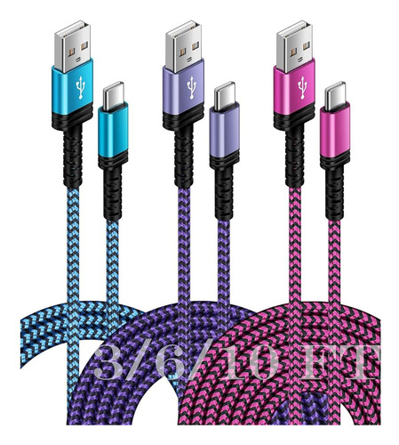 3pack-3/6/10 Ft Usb C Cable De Carga Rápida Para iPhone 15/1