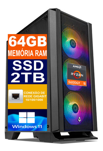 Pc Gamer Cpu Ryzen 5 5600gt / Ssd 2tb M2 / 64gb Memória Ddr4