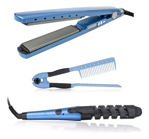 Plancha D Cabello Alisador+risadora Ionica Digital Led 450°f Color Azul