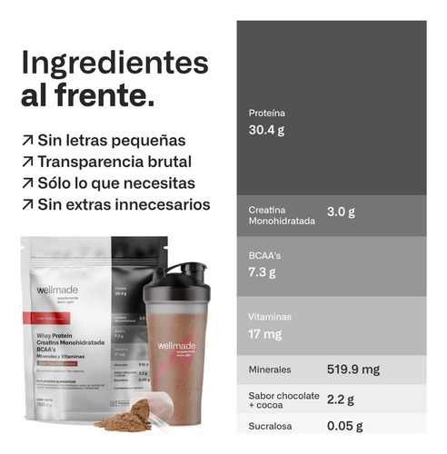 Suplemento Polvo Wellmade Proteina Whey Creatina Bcaas 1.3kg Sabor Chocolate Y Cocoa