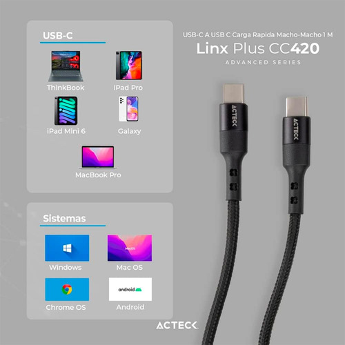 Cable Acteck Linx Plus Cc420 Usb C A Usb C 1m Ac-934855