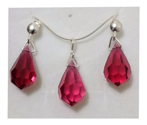 Conjunto Gota Cristal Swarovski Bordeaux Em Prata 925